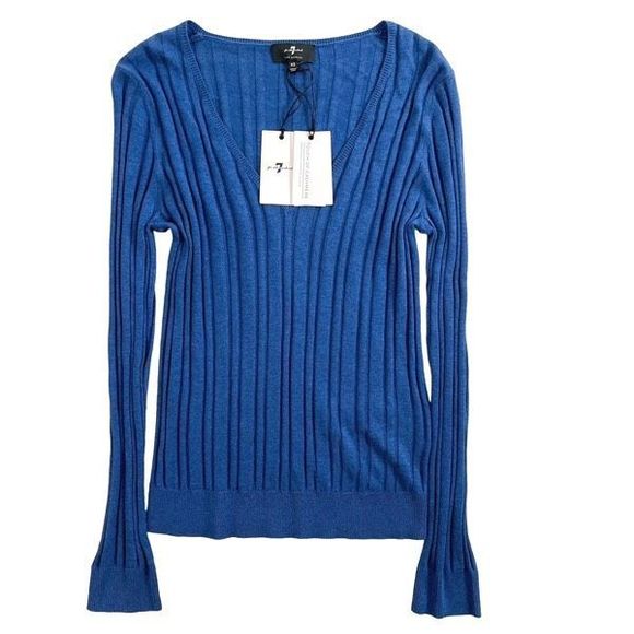 7 For All Mankind V-Neck Ribbed Long Sleeve Top Touch Of Cashmere Blue S NWT - Picture 1 of 7